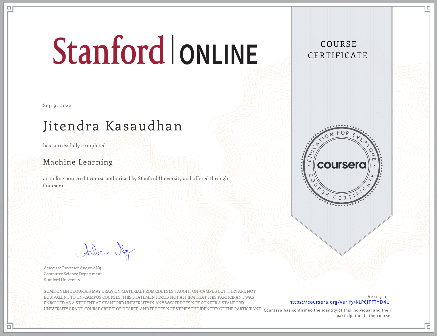 Machine learning coursera certificate