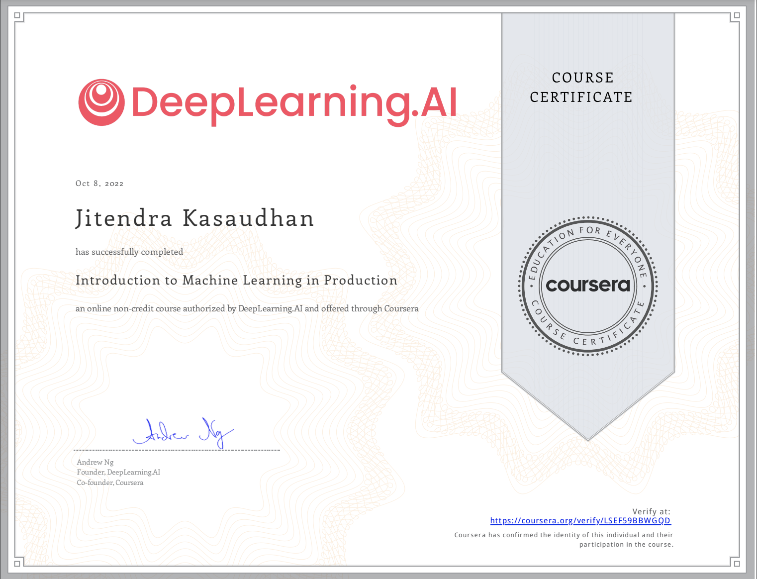 Introduction to Machine Learning in Production Certificate